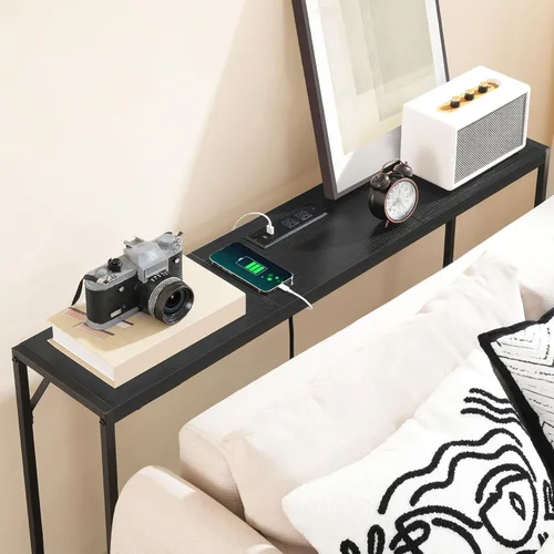 Vista 5 de MAHANCRIS Mesa consola, mesa de sofá estrecha, mesa de entrada de 43.3 pulgadas con estación de energía, mesa detrás del sofá, estilo simple