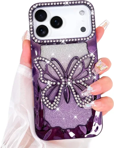 Vista 27 de Bonoma Funda con purpurina para iPhone 13 Pro Max, bonita funda 3D con patrón de chapado en degradado de mariposa de diamante, protección de cámara
