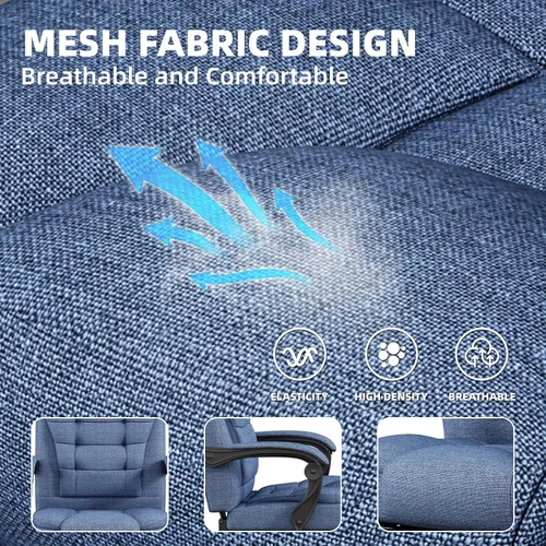 Vista 4 de Silla de juegos con reposapiés, silla de oficina ergonómica reclinable de 90° a 150°, silla de escritorio ajustable con reposabrazos de Tela azul