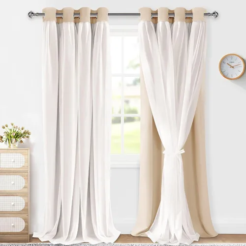 Vista 23 de XWZO Cortinas 100% opacas de doble capa para guardería, cortinas opacas con superposición transparente para dormitorio de niñas, cortinas