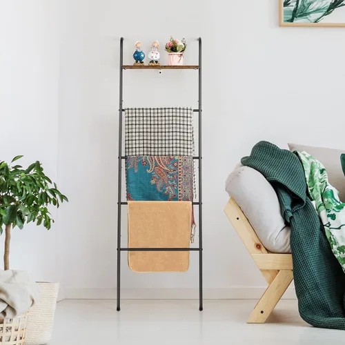 Vista 4 de Soporte de Escalera para Mantas para Sala de Estar Estilo Granja, Soporte Decorativo de Escalera con Estante de Almacenamiento, Perchero de Pared
