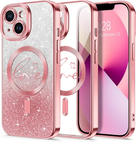 Vista 128 de Hython Funda para iPhone Air con purpurina, compatible con MagSafe Love Heart fundas magnéticas transparentes para teléfono para mujeres y niñas