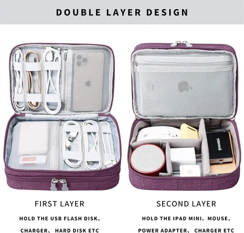Vista 4 de MIRLEWAIY Organizador de artículos electrónicos de viaje, estuche suave, bolsa de transporte para accesorios electrónicos, de doble capa