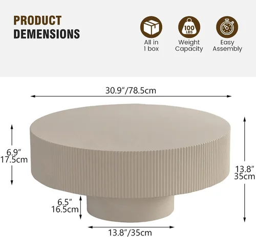 Vista 2 de Mesa de centro redonda acanalada de tambor, moderna mesa de centro circular de madera, mesa de té de relieve hecha a mano con pedestal resistente