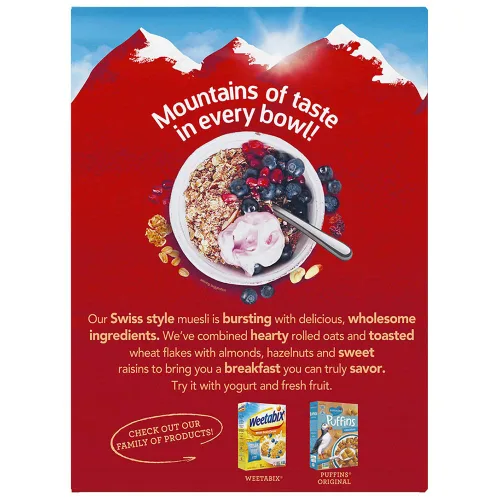 Vista 4 de Alpen Muesli Cereal original, cereal saludable para el corazón con copos de trigo, avena enrollada, nueces y pasas, proyecto verificado sin OMG