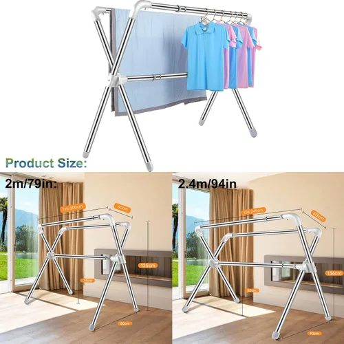 Vista 8 de Estante de secado plegable para interiores y exteriores, estante de secado de ropa resistente, estante retráctil de acero inoxidable, estante