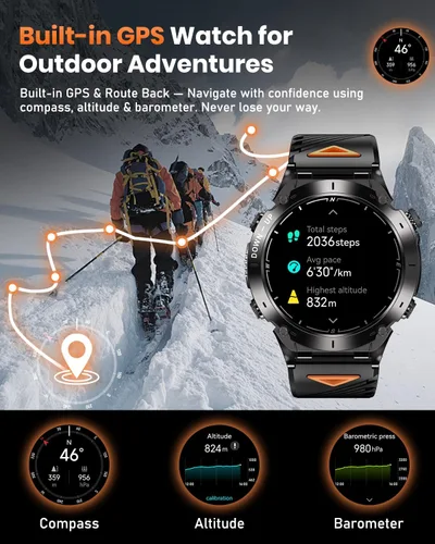 Vista 3 de GPS Military Smart Watch for Men with Bluetooth Call, 1.43" AMOLED Waterproof Smart Watch with Flashlight, 170+ Sport Mode, 730mAh Heart
