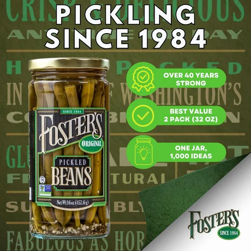 Vista 3 de Foster's Frijoles verdes en escabeche en frasco, original, 16 onzas, paquete de 2, receta tradicional de verduras en escabeche durante más de 40
