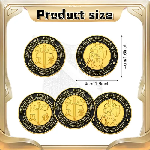 Vista 2 de Tondiamo 12 Piezas Pónganse Toda la Armadura de Dios Monedas de Desafío Cristiano Recuerdos Oración Regalo Conmemorativo Redondo Dorado Regalo