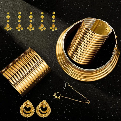 Vista 4 de RDKOEAKEL 7 PCS African National Vintage Gold Flamboyant Jewelry Set Egypt Choker Bracelet African Nose Rings Hoop Chain Earrings for women
