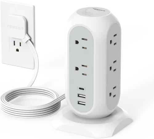 Vista 10 de Regleta con protector contra sobretensiones TESSAN, cable de extensión retráctil de 5 pies con múltiples tomas, 11 tomas con estación de carga de 3