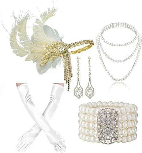 Vista 20 de Cizoe (aa) - Juego de accesorios de estilo Gatsby de la década de 1920, para mujer, diadema de estilo flapper, tocado, collar, guantes