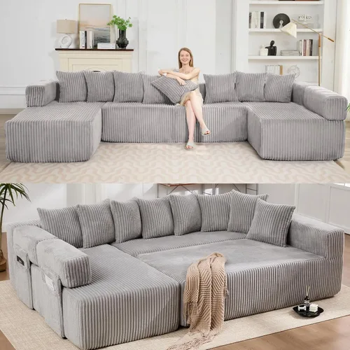 Vista 26 de Sofá grande sin hueso de 125 pulgadas con diván, moderno sofá modular con asiento profundo, sofá tapizado de pana en forma de U para sala de estar