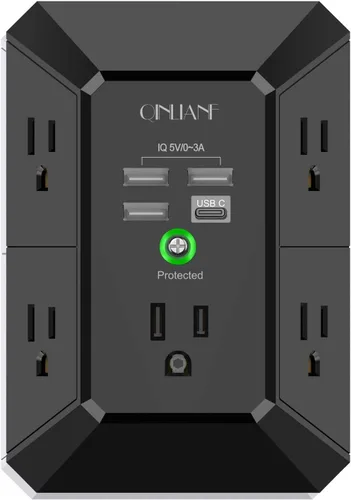 Vista 12 de QINLIANF cargador USB de pared, protector contra sobrecargas, extensor de 5 tomas con 4 puertos de carga USB (4.8 A en total), 3 lados, 1,680 J