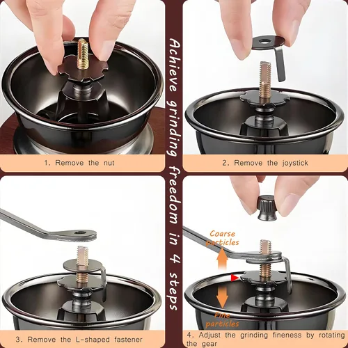 Vista 5 de Molinillo de café manual portátil, molinillo de café de madera maciza vintage con engranaje ajustable de precisión y rebabas cónicas de cerámica que
