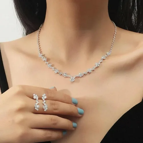 Vista 7 de Tatibana Crystal Wedding Jewelry Set, Silver Necklace Earrings Bracelet Crystal Bridal Wedding Jewelry Sets for Brides Bridesmaid Prom Costume