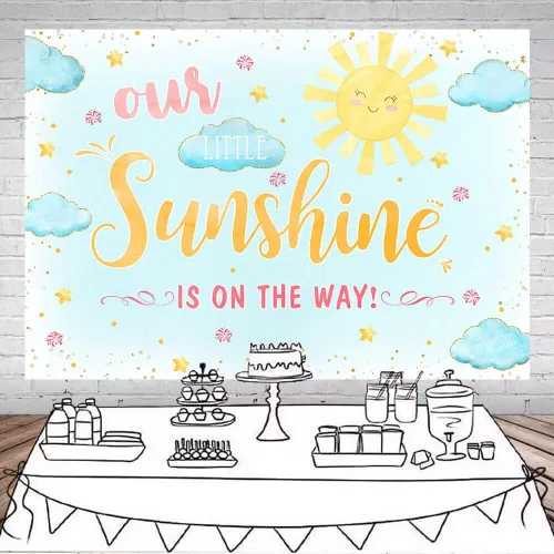 Vista 2 de Mocsicka Telón de fondo para baby shower, sol y nube, fondo de baby shower, con texto en inglés "Our Little Sunshine", decoración para sesión