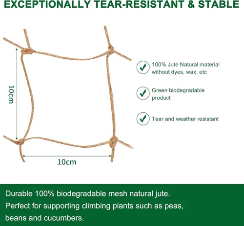 Vista 2 de Malla de yute para jardín, red de soporte resistente para plantas trepadoras, pepino, vid, frutas y verduras, plantas trepadoras