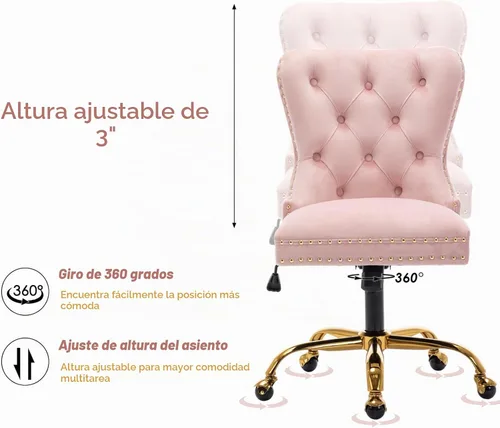 Vista 4 de Moderna silla giratoria de terciopelo, silla de escritorio de maquillaje copetuda con ruedas y base dorada, cómoda silla de escritorio tapizada