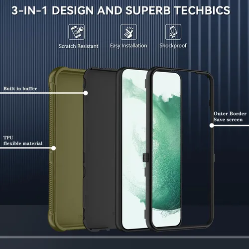 Vista 6 de SunStory Funda 3 en 1 para Samsung Galaxy S22 con protector de pantalla Verde Armada (ArmyGreen)