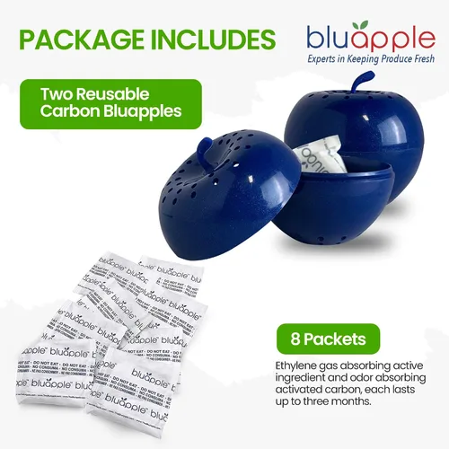 Vista 4 de Bluapple Produce Saver - Absorbedor de gas de etileno de 1 año con carbón activado, 2 Bluapples + 8 paquetes (0.31 onzas cada uno), extensor