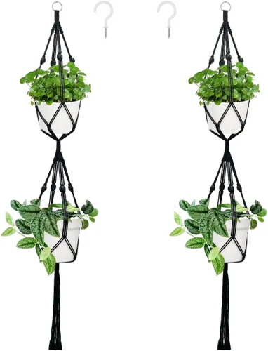 Vista 8 de Belit Paquete de 2 perchas dobles de macramé para plantas, cesta colgante de 2 niveles, cesta decorativa para macetas, cuerda para decoración