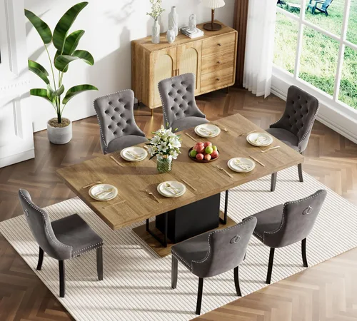Vista 66 de Juego de mesa de comedor extensible marrón de 63 a 78.74 pulgadas para 4, juego de mesa de comedor de 5 piezas con 4 sillas, mesa de cocina