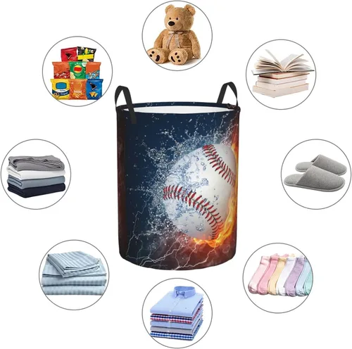 Vista 5 de Balón de béisbol deportivo en fuego y agua, cesta redonda para lavandería, cesta de almacenamiento, juguetes, organizador de ropa, contenedor