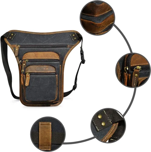 Vista 3 de Handadsume Riñonera de lona resistente al agua + cuero para motocicleta, riñonera, bolsa de pierna para muslo, para hombres y mujeres, FB913-5