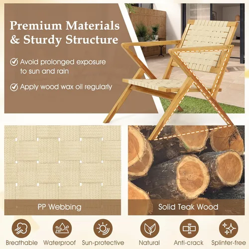 Vista 8 de Tangkula Silla de comedor de madera de teca para exteriores, sillón rústico de madera para patio con asiento y respaldo de cincha, para sala