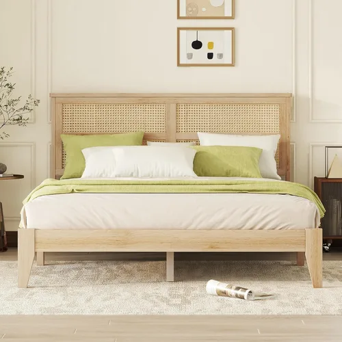 Vista 31 de JIVOIT Cama de plataforma de tamaño King con cabecera de 46.5 pulgadas de alto, marco de plataforma de madera de bambú maciza con listones de madera