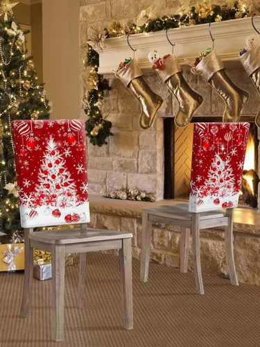Vista 4 de Fundas para respaldo de silla de comedor, bolas de Navidad con diseño de copo de nieve en color rojo de invierno, fundas para sillas de cocina Árbol