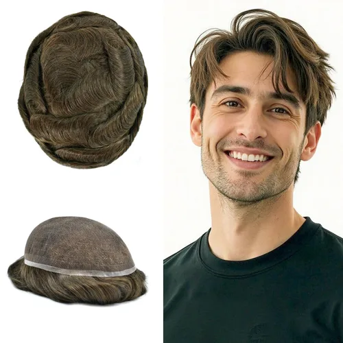 Vista 52 de Toupee para hombres Piezas de cabello humano real, encaje francés completo para hombres, pieza de cabello, nudos blanqueados, línea capilar natural