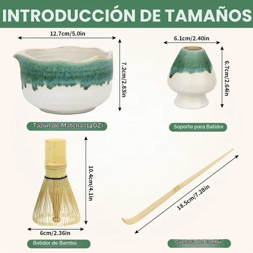 Vista 4 de Pottery Matcha Set – Tazón de té matcha japonés hecho a mano cuenco de esmalte mineral con boquilla, batidor de bambú, cuchara y soporte de Chasen