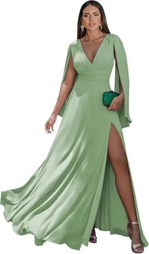Vista 32 de Women's Long Sleeve Bridesmaid Dresses V-Neck Chiffon Ruched Formal Dress Evening Gown with Slit