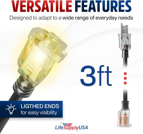 Vista 6 de Cable de extensión de 3 pies para exteriores/interiores, calibre 10/3, ultra resistente, SJTW, resistente al agua, certificación ETL, cable