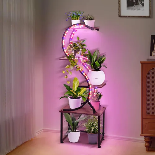 Vista 3 de Soporte para plantas de interior con luces de crecimiento, sin cables visibles, estante para plantas de 43 pulgadas de alto para interiores