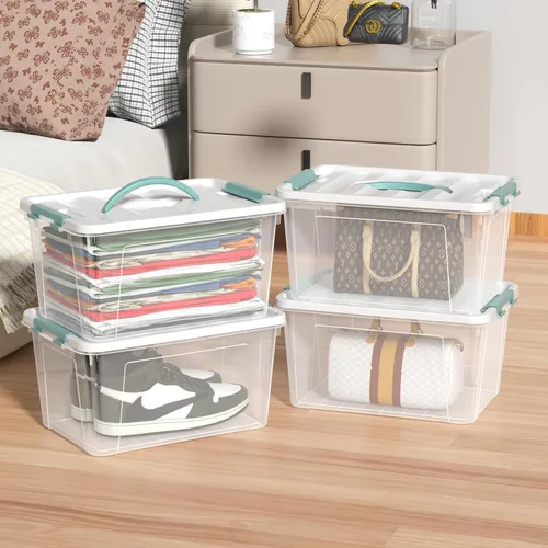 Vista 4 de Readsky Paquete de 4 cajas de plástico transparente de almacenamiento de 14 cuartos de galón con tapa y asa, organizadores apilables para el hogar