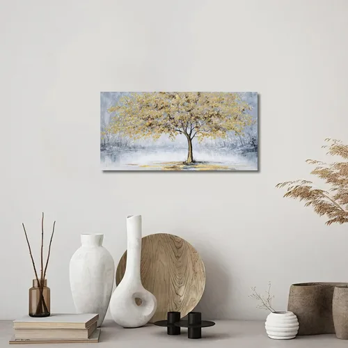 Vista 6 de Belmrxne Arte de pared de árbol de la vida, decoración de pared pequeña dorada, paisaje, lienzo, obra de arte divertida para entrada, pasillo, baño