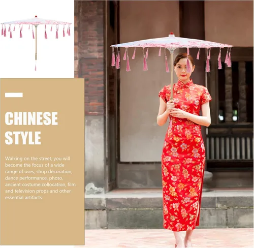 Vista 7 de Homoyoyo Sombrilla de tela con patrón de flores, sombrilla de tela de seda japonesa china con bolsa de borlas, kimono Hanfu, suministros de disfraz