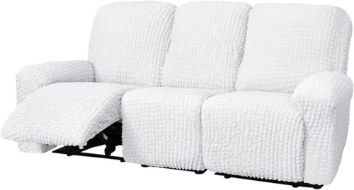 Vista 18 de vctops 4 fundas para sillas reclinables con textura de sirsaca a cuadros, suaves y elásticas, protector de muebles antideslizante con parte inferior