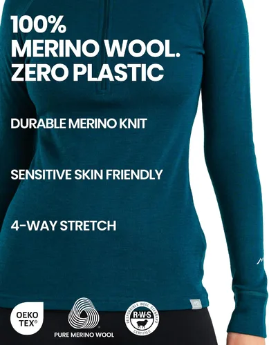 Vista 4 de Suéter 100% de lana merino con cremallera para mujer, capa base térmica con . 250 negro