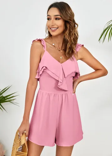 Vista 2 de Srendarky Womens Summer Ruffle Romper V Neck Flutter Sleeve High Waist Casual Short Jumpsuit Playsuit