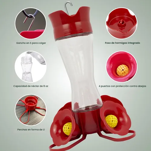 Vista 3 de Perky-Pet 203CPBN Comedero de vidrio para colibríes al aire libre con posaderos, foso de hormigas, protectores de abejas - Paquete de 1