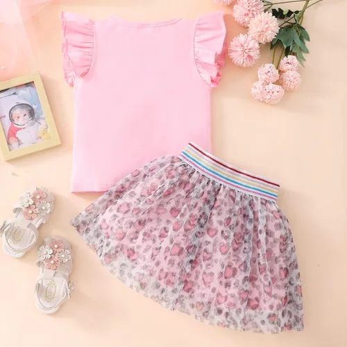 Vista 8 de RETSUGO Conjunto de falda de tul para niñas, dos piezas, manga con volantes, unicornio, vestido tutú, vestido de verano para fiesta de cumpleaños