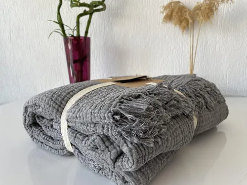 Vista 6 de Manta de muselina 100% algodón, colcha de 4 capas, funda de cama de muselina de algodón turco suave, colcha reversible, gris antracita