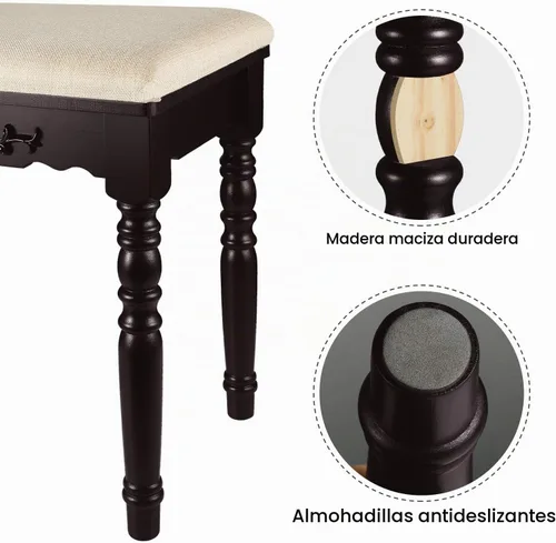 Vista 3 de URFORESTIC Taburete de tocador de madera de roble, moderno taburete de maquillaje con superficie de asiento cóncavo, capacidad de 300 libras, fácil
