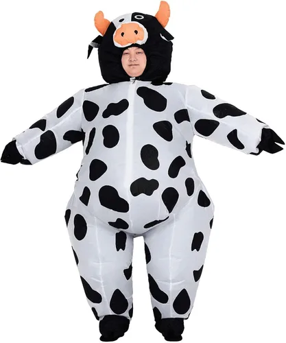Vista 2 de JYZCOS Disfraz inflable de vaca para adultos divertido traje de animal de granja disfraz de Halloween y cosplay tamaño adulto Vaca negra