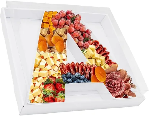 Vista 18 de Bandeja de papel rellenable de 12.5 pulgadas con números y letras de cartón, tablero de charcutería, bandeja para cupcakes dulces, caja decorativa