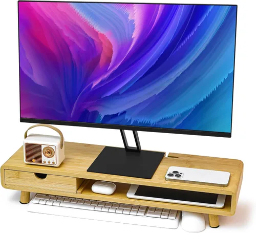 Vista 9 de Soporte de Monitor de Bambú Homerays, Elevador de Monitor sin Necesidad de Ensamblaje, Soporte de Monitor Exquisito con Cajón, Soporte de Monitor